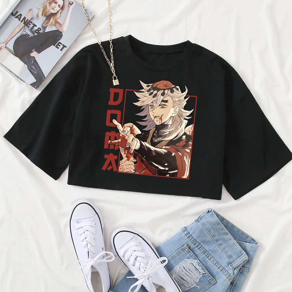 Anime Demon Slayer Douma Shirt Women O-Neck Short Sleeves Crop Tops T-shirt Fans Gift