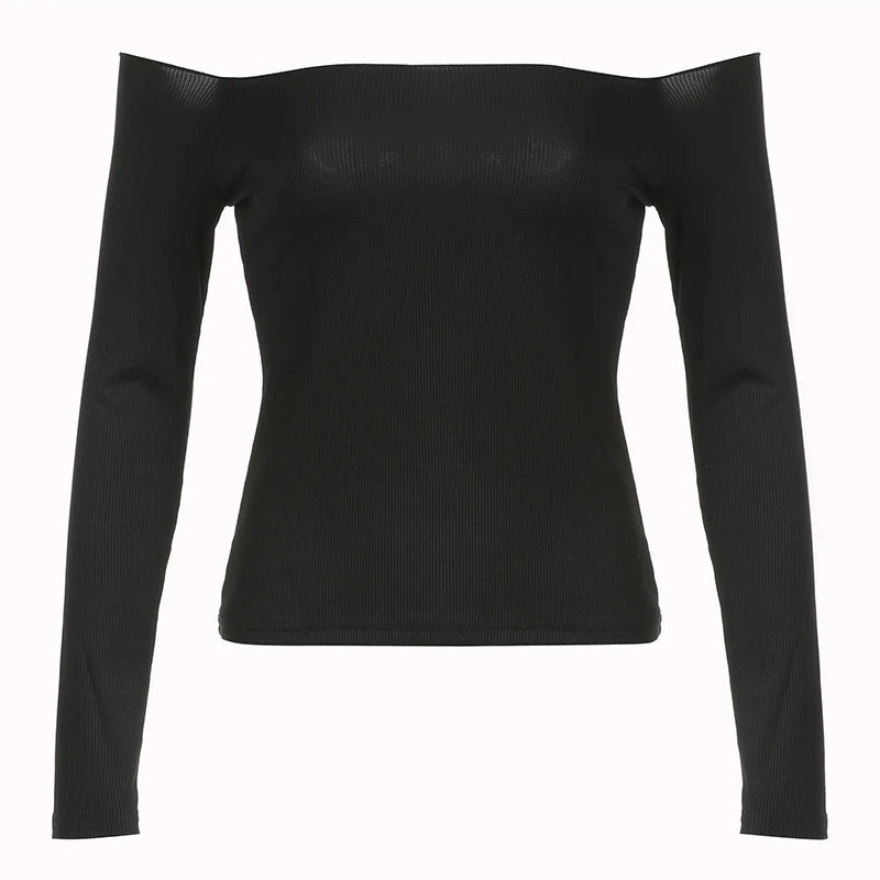 Black Solid Slash Neck Elegant Long Sleeve Tops Korean Fashion Slim Sexy Cropped T Shirt Women Fall Clothing
