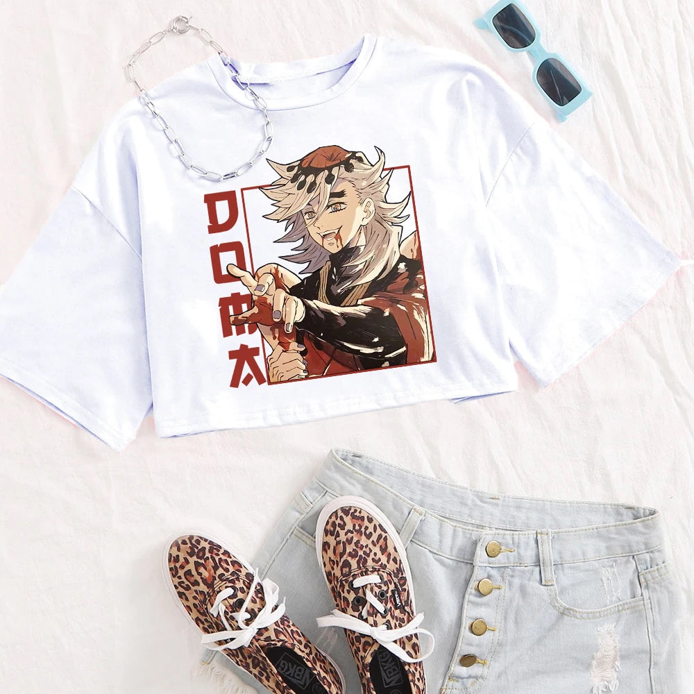 Anime Demon Slayer Douma Shirt Women O-Neck Short Sleeves Crop Tops T-shirt Fans Gift