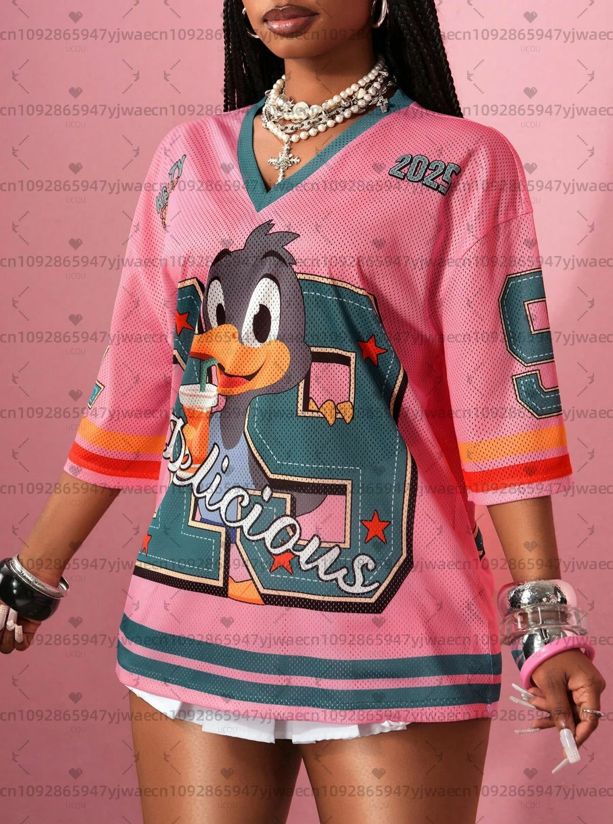 2026 Bird Number 19 Print T Shirt For Women Mesh fabric Striped V-Neck Tee Summer Harajuku Trend Short Sleeve Streetwear Tops