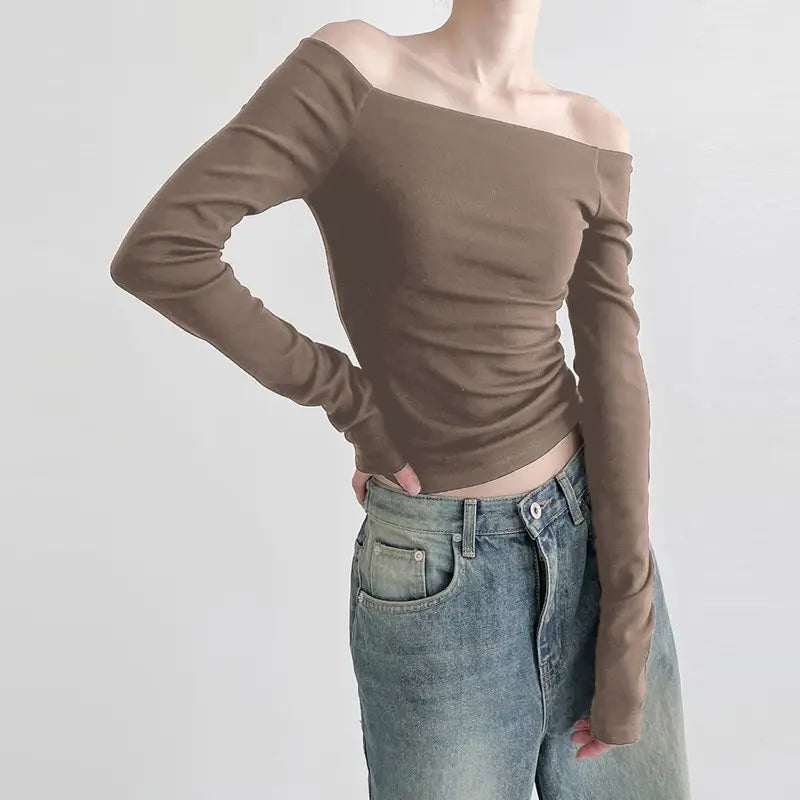 Black Solid Slash Neck Elegant Long Sleeve Tops Korean Fashion Slim Sexy Cropped T Shirt Women Fall Clothing