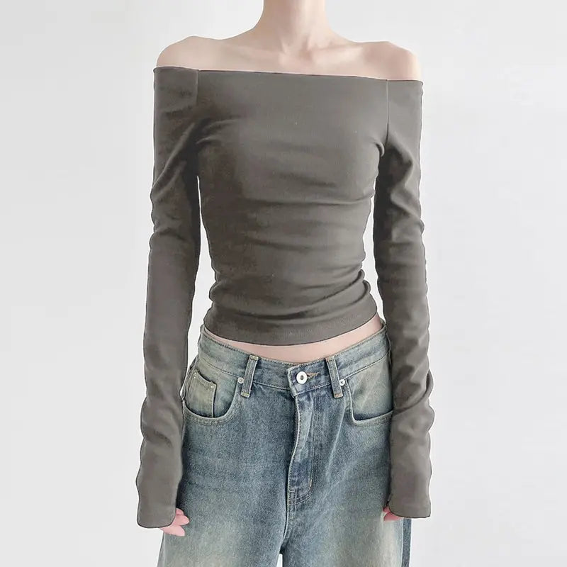 Black Solid Slash Neck Elegant Long Sleeve Tops Korean Fashion Slim Sexy Cropped T Shirt Women Fall Clothing