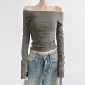 Black Solid Slash Neck Elegant Long Sleeve Tops Korean Fashion Slim Sexy Cropped T Shirt Women Fall Clothing