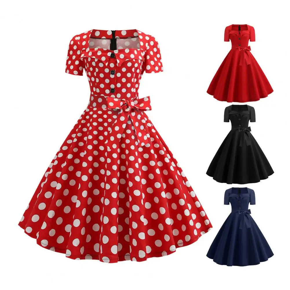 1950s Vintage Pin-up Dress Square Neck Midi Dress Rockabilly Pin Up Dress Robe Femme Casual Retro Elegant Party Midi Sundress