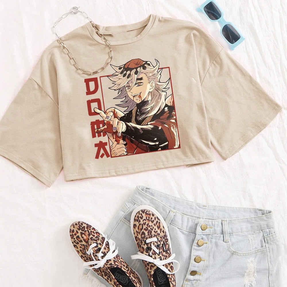 Anime Demon Slayer Douma Shirt Women O-Neck Short Sleeves Crop Tops T-shirt Fans Gift