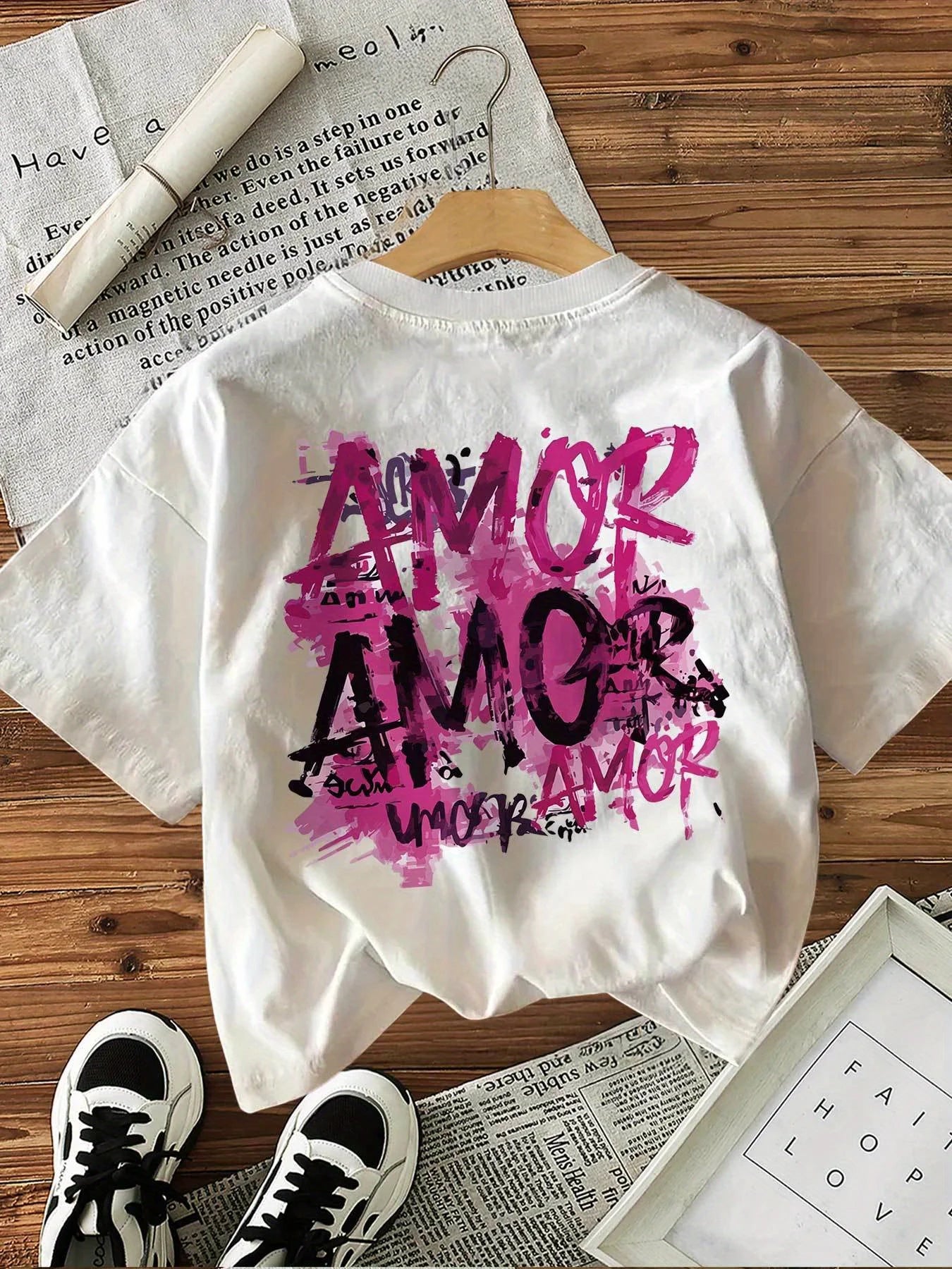 Harajuku 100% Cotton Women's Graffiti Style Graphic Design Love T-Shirt Crew Neck Casual Top Streetwear Tee Short Sleeve Shirt