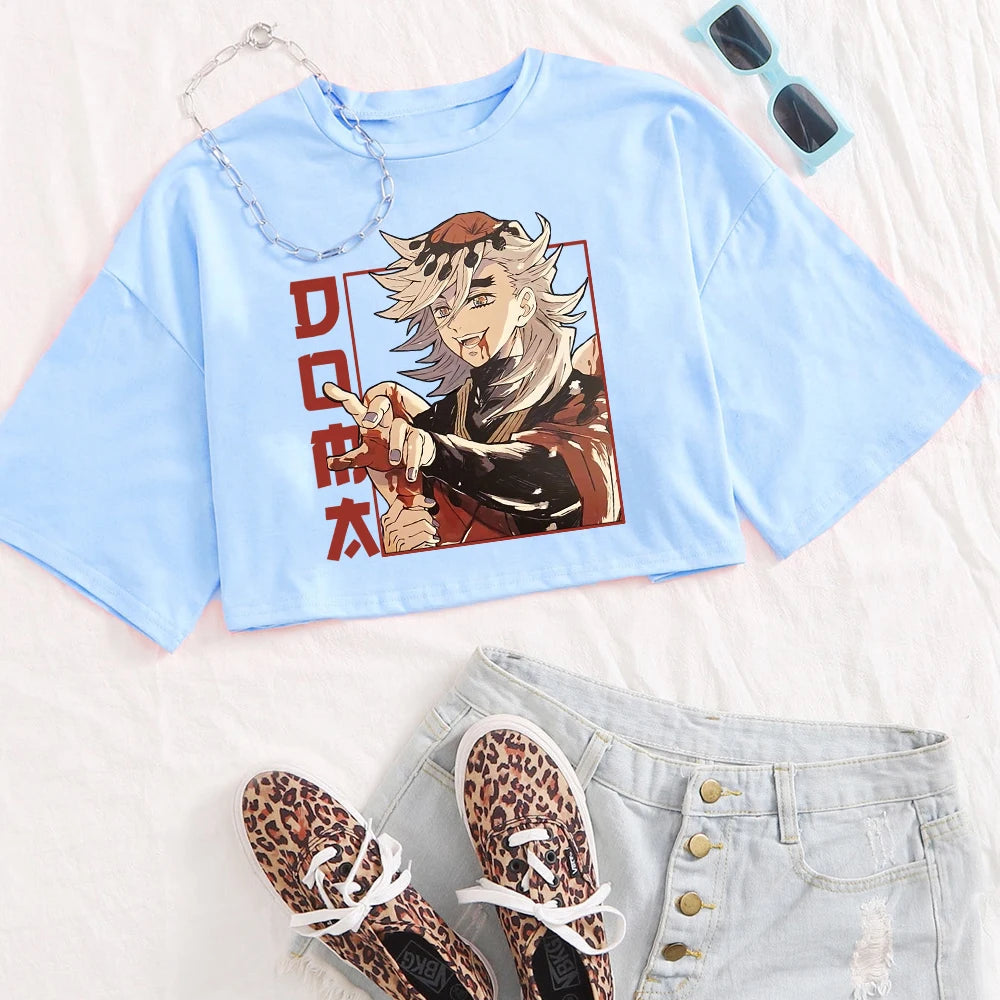 Anime Demon Slayer Douma Shirt Women O-Neck Short Sleeves Crop Tops T-shirt Fans Gift