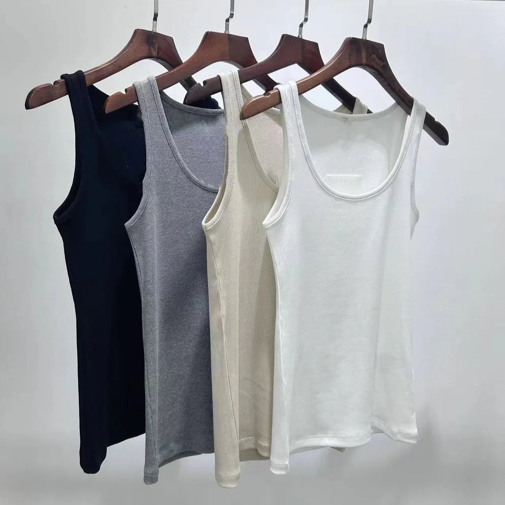 Women U Neck Rib Tank Top Solid Color Sleeveless Slim Fit Casual All-match Spring Summer Female Vest