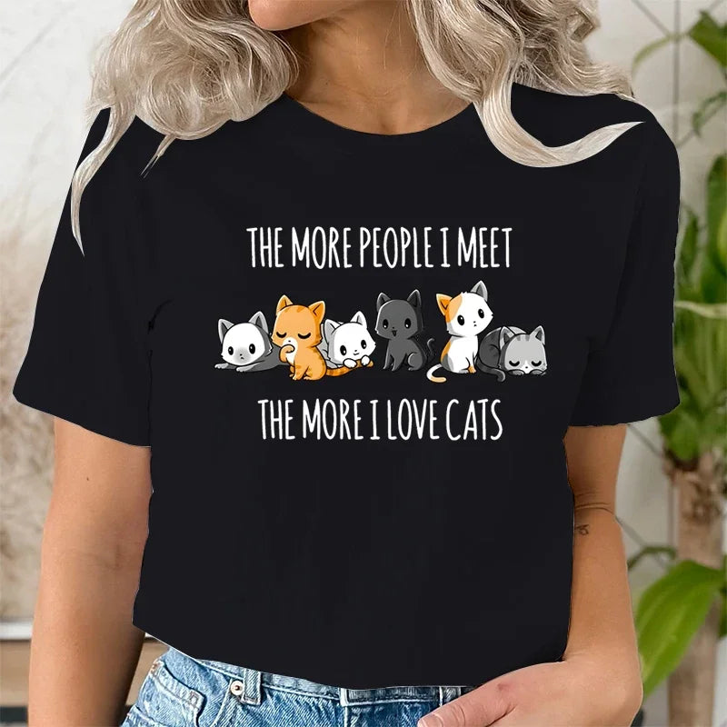 Fashionable Summer Casual Women's T-shirt Cute Cat and University Women Clothes Aesthetic Clothes